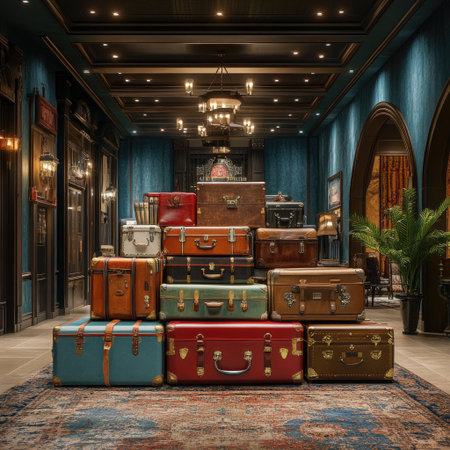 Luggage in a luxury hotel lobby. 3d render illustration.の素材