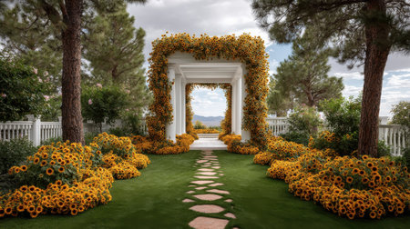 A beautiful sunflower garden with a variety of sunflowers in full bloom, creating a colorful and lively backdrop for outdoor eventsの素材