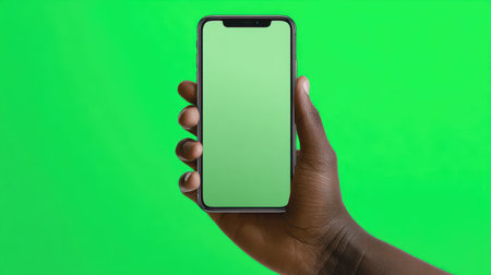 a photography of huge Iphone with green screen with hand holdding in green screen background,clean design,no gradiant background.の素材