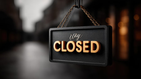 Close-up of closed sign on a small business door with reflection of empty street in the glassの素材