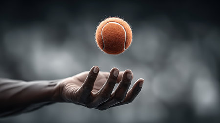 A tennis player serves the ball from the baseline, with focus on their form and the ball flying toward the other side of the courtの素材