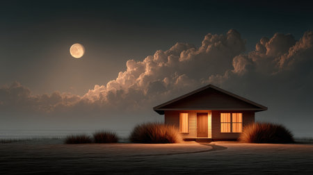 House exterior at night with warm glowing windows and moonlight highlighting the roofの素材