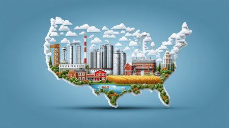 Bold infographic of the US map with icons representing major industries by regionの素材