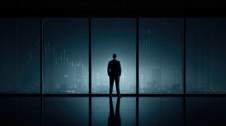 Businessman looking at financial graphs with negative trends in a dimly lit office during recessionの素材