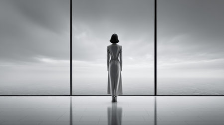 Businesswoman staring out window of empty boardroom, contemplating economic uncertaintyの素材