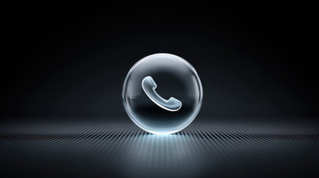 Phone icon centered in a floating bubble over a futuristic grid with glowing call wavesの素材