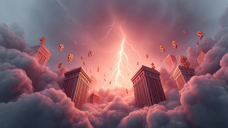 Abstract financial storm with lightning bolts over bank buildings and descending currency iconsの素材