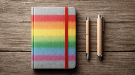 A pride-themed flat lay featuring a journal, pen, and lesbian flag, ideal for storytelling or LGBTQ blogsの素材