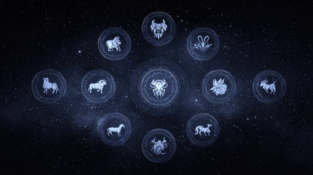 An artistic representation of the twelve zodiac signs, with each symbol glowing against a starry night sky, creating a mystical and celestial feelの素材