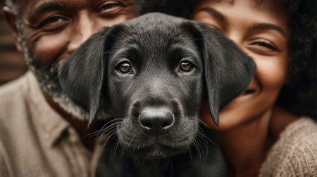 A newly adopted pet being greeted with affection by a smiling family, capturing a joyful and genuine welcome homeの素材