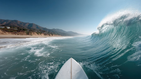 A surfers point of view from the board as they ride a massive wave, capturing the rush and excitement from the surf perspectiveの素材