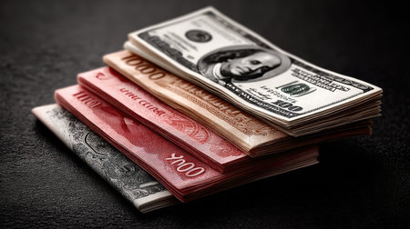 Close-up of different world currencies fanned out on a black surface for global financial themeの素材