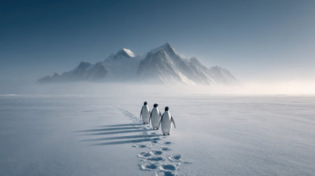 Group of penguins waddling across a frozen landscape with footprints trailing behind them on the iceの素材
