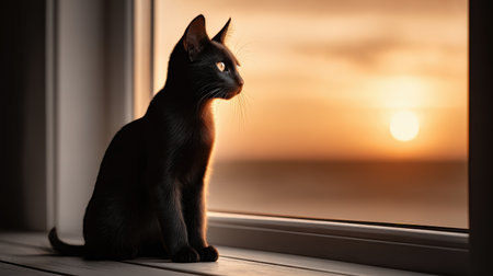 A black cat silhouette sitting on a windowsill against a warm, golden sunset, highlighting the outline of the felines sleek shapeの素材