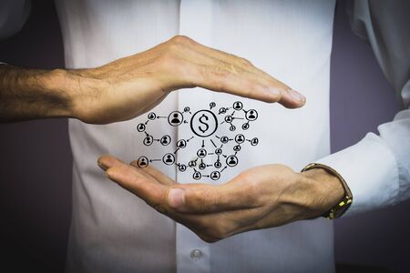 person push button with dollar currency web iconの写真素材