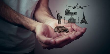 Road Island with Travel Objects and World's Well Knownの写真素材