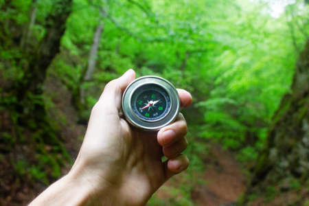 man hand compass in forestの写真素材