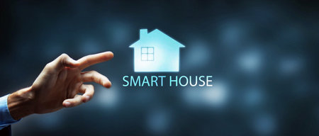 businessman presses smart home iconの写真素材