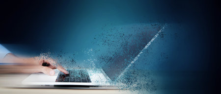 young man works with computerの写真素材