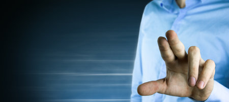 business man presses on touch screenの写真素材