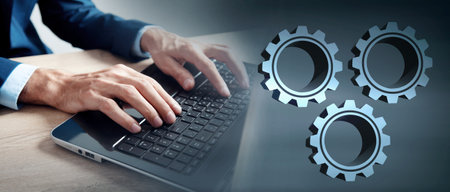 Banner of gear wheels or cogs, technology and industryの写真素材