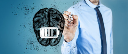 Human head with gear and battery charging business process brainstorming