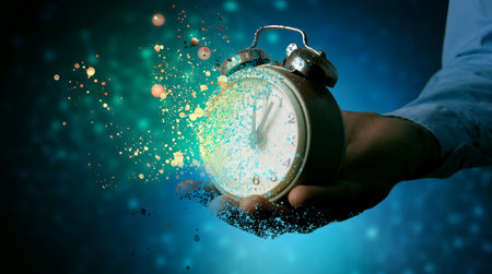 Leaving concept, clock breaks into piecesの写真素材