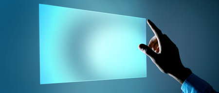 business man presses on touch screen