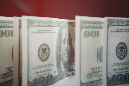 Benjamin Franklin's face on the 100 dollar billの写真素材