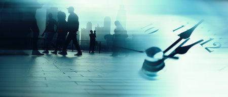 Business times concept people walking overlay with time clock