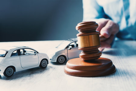 Model of car and gavel. Accident lawsuit or insurance, court case.の写真素材