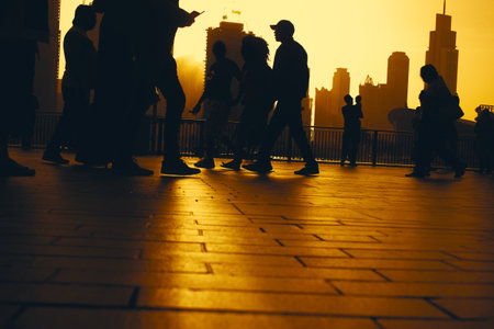 people walk in the city at sunsetの写真素材