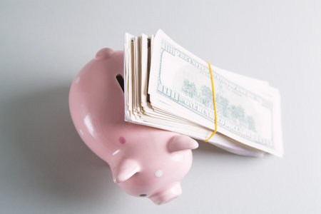 America dollars banknotes money into piggy bankの写真素材