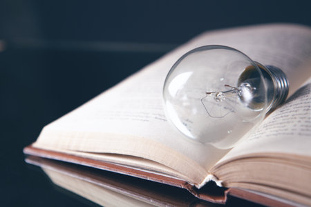 knowledge and wisdom, light bulb on the bookの写真素材
