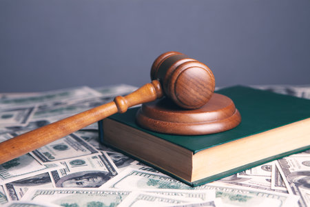 Judge gavel with dollars and law booksの写真素材