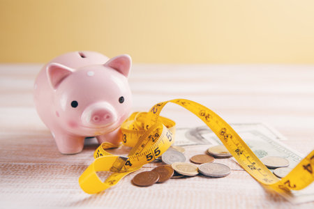 coins with money, and with a centimeter of reconciliation wealthの写真素材