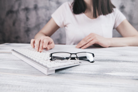 girl works with a computer.