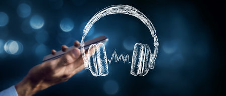 headphones listen to music or audiobookの写真素材