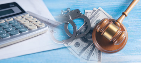 Financial fraud concept, judge gavel, calculators and handcuffs on financial documentsの写真素材