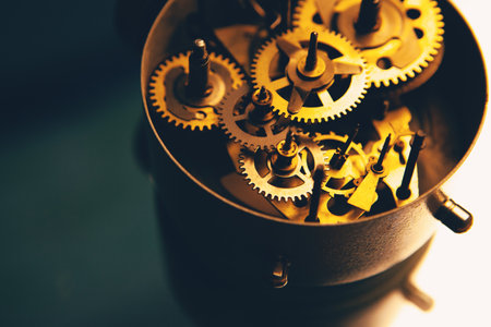 open mechanism with gears on the tableの写真素材