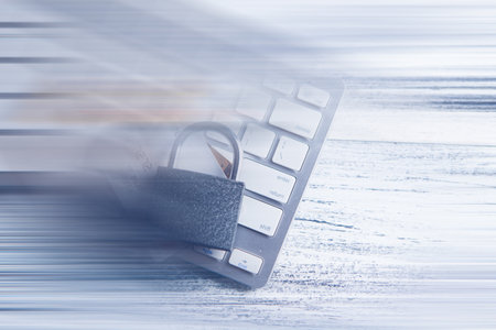 on the keyboard lock and cards. cyber security conceptの写真素材