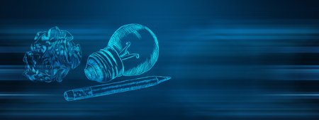 drawn light bulbs, crumpled paper and pencil on a blue backgroundの写真素材