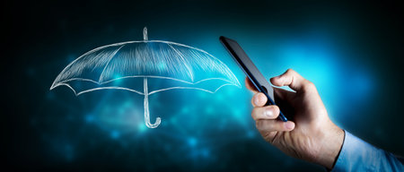 young man holds a phone next to an umbrella. cyber defense concept