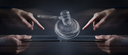 drawn judge gavel. a man holding a tabletの写真素材