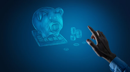 piggy bank icon on the calculator. man presses the screenの写真素材
