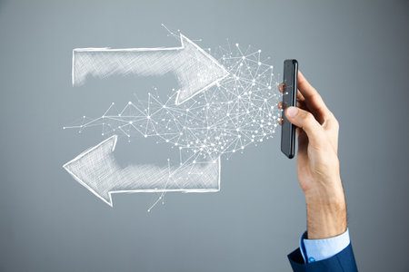 old way new way. arrow icons. a man holding a phoneの写真素材