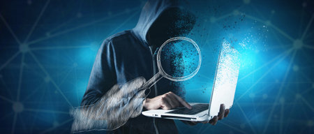 hand-drawn hand holding a magnifying glass. hacker standing with laptop