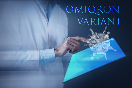 hand-drawn virus. coronavirus concept. doctor holding a tabletの写真素材