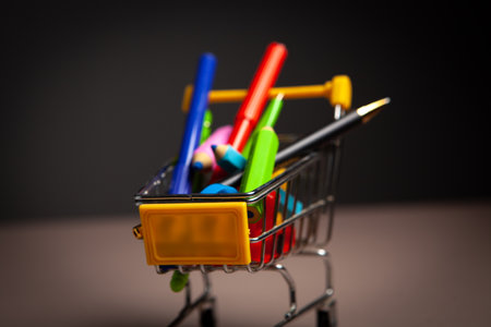 school supplies in a small basketの写真素材