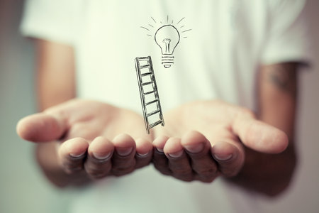 Creativity for business idea, thinking and brainstorming for new idea or opportunity, career path or goal achievementの写真素材